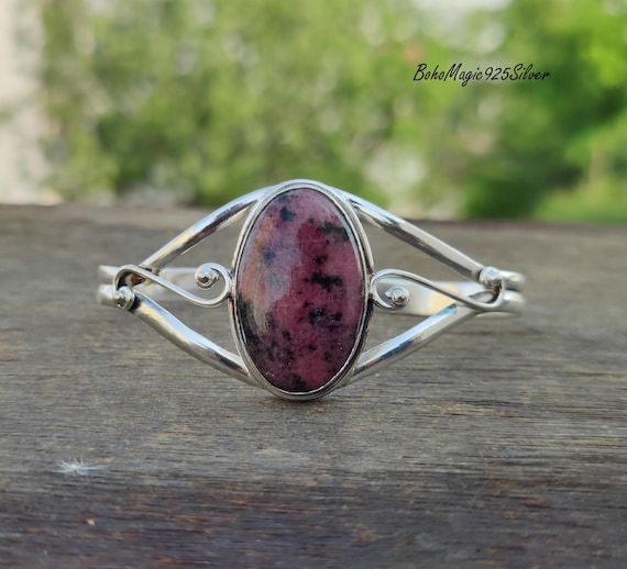 Handmade Rhodonite Bangle: 925 Sterling Silver Boho Bracelet Handmade Rhodonite Bangle: 925 Sterling Silver Boho Bracelet