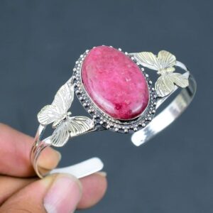Handmade Rhodonite Bangle: Sterling Silver Adjustable Butterfly Cuff