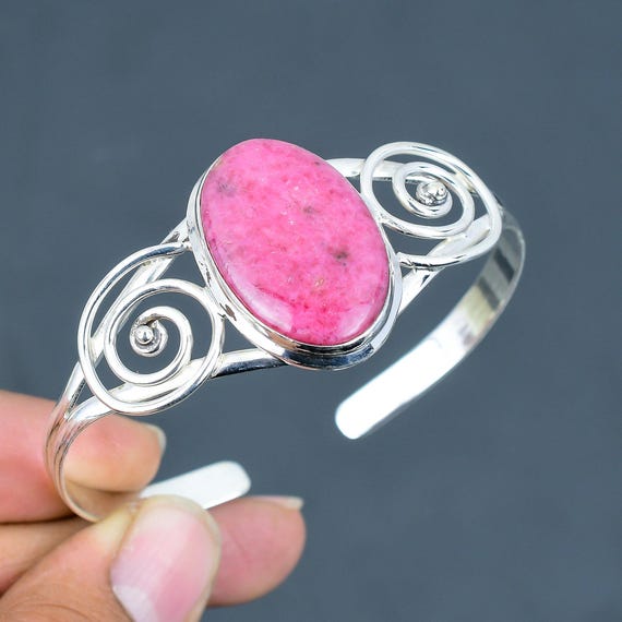 Handmade Rhodonite Cuff Bracelet: 925 Sterling Silver Adjustable Bangle