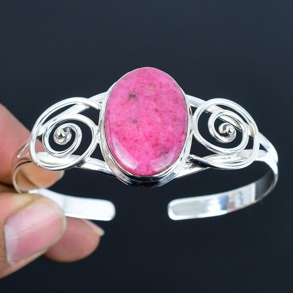 Handmade Rhodonite Cuff Bracelet: Adjustable Sterling Silver Bangle