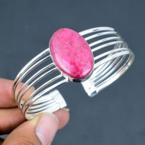 Handmade Rhodonite Cuff Bracelet: Adjustable Sterling Silver Bangle
