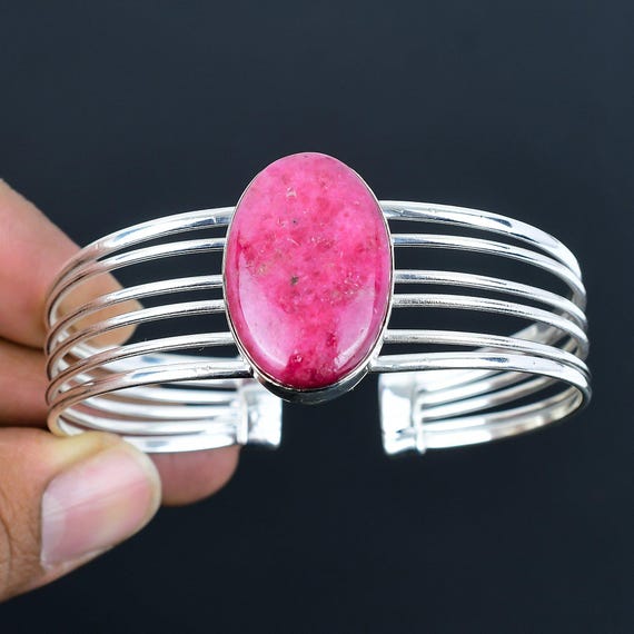 Handmade Rhodonite Cuff Bracelet: Adjustable 925 Sterling Silver Bangle Handmade Rhodonite Cuff Bracelet: Adjustable 925 Sterling Silver Bangle