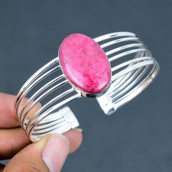 Handmade Rhodonite Cuff Bracelet: Adjustable Sterling Silver Bangle