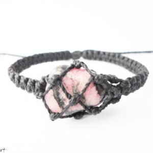 Micro Macrame Rhodonite Bracelet: Pink & Black Stone, Adjustable