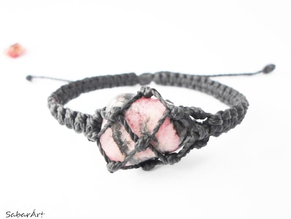 Micro Macrame Rhodonite Bracelet: Pink & Black Stone, Adjustable