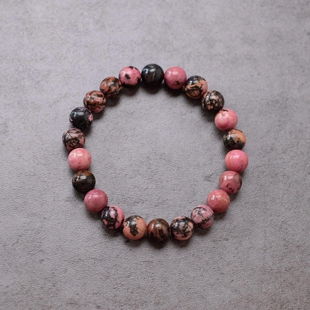 Pink Rhodonite Bracelet | Black & Pink Rhodonite Crystal Stretch Bracelet