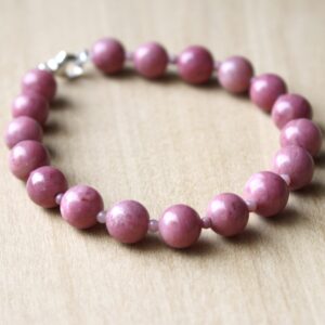 Rhodonite Bracelet . Pink Stone Bead Bracelet with Meaning