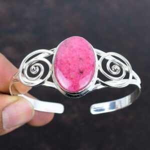 Rhodonite Sterling Silver Cuff Bracelet: Adjustable Gemstone Bangle