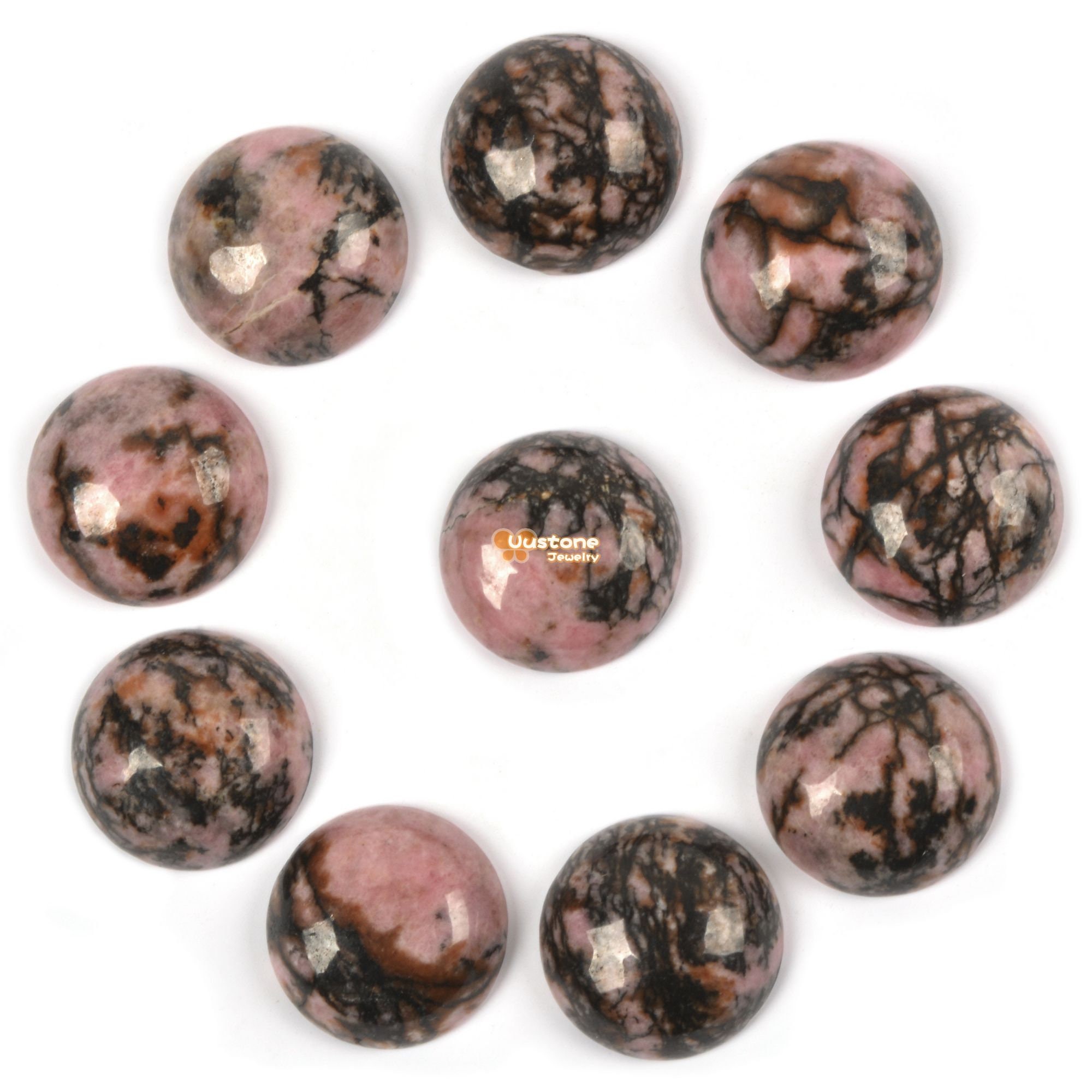 10 Pcs Of 14mm Matrix Rhodonite Round Flatback Cab Cabochon