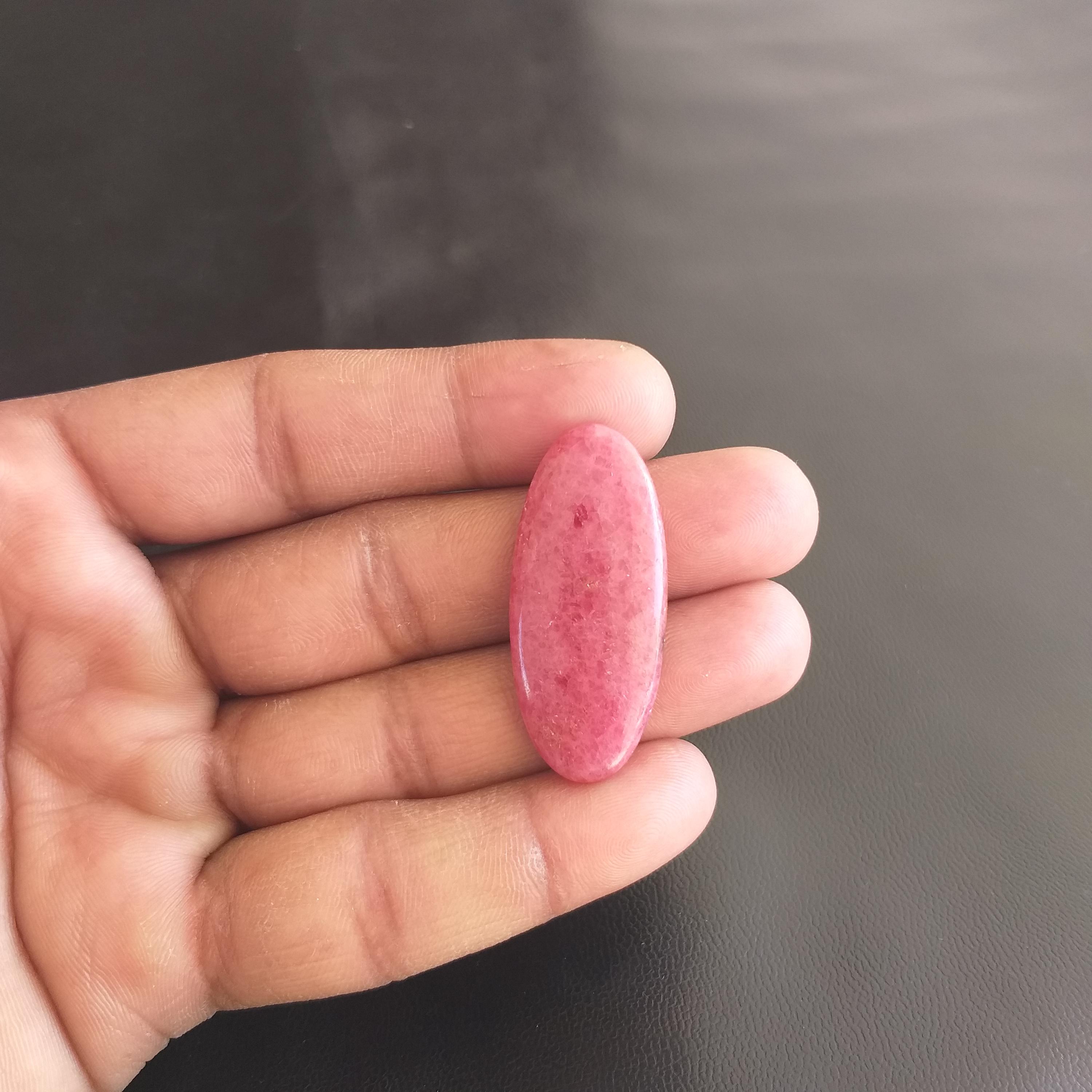 Handmade Rhodonite Stone Cabochon: 39 Carat Oval Shape, 40x17x5 Mm