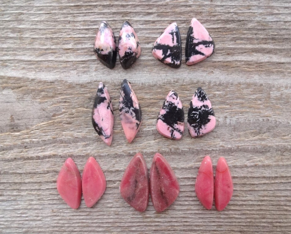 Pair Rhodonite Cabochons, Matched Pairs For Jewelry Making