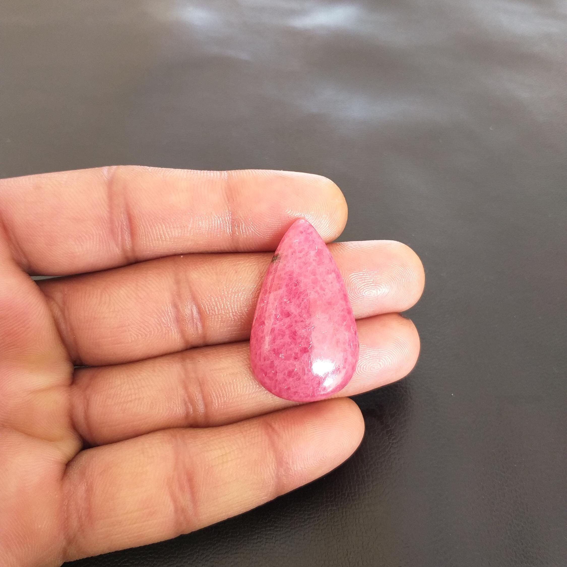 Pear Rhodonite Cabochon: Polished Gemstone Pendant (36x22x7mm, 49.2 Carat