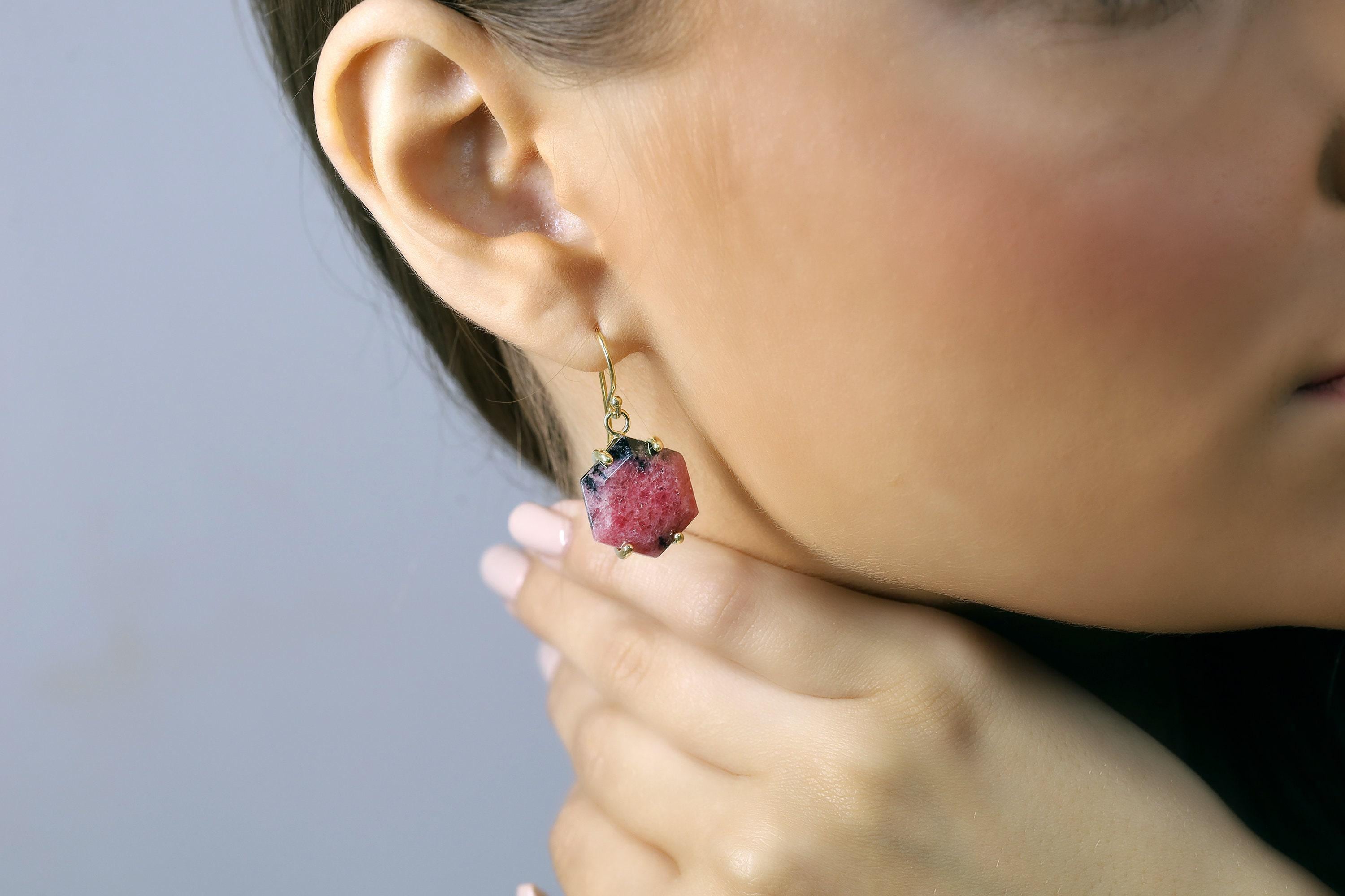 18k Gold Rhodonite Hexagon Earrings · Large Vintage Stone Jewelry · Statement Bridal Jewelry · 14k Gold Dangle Earrings