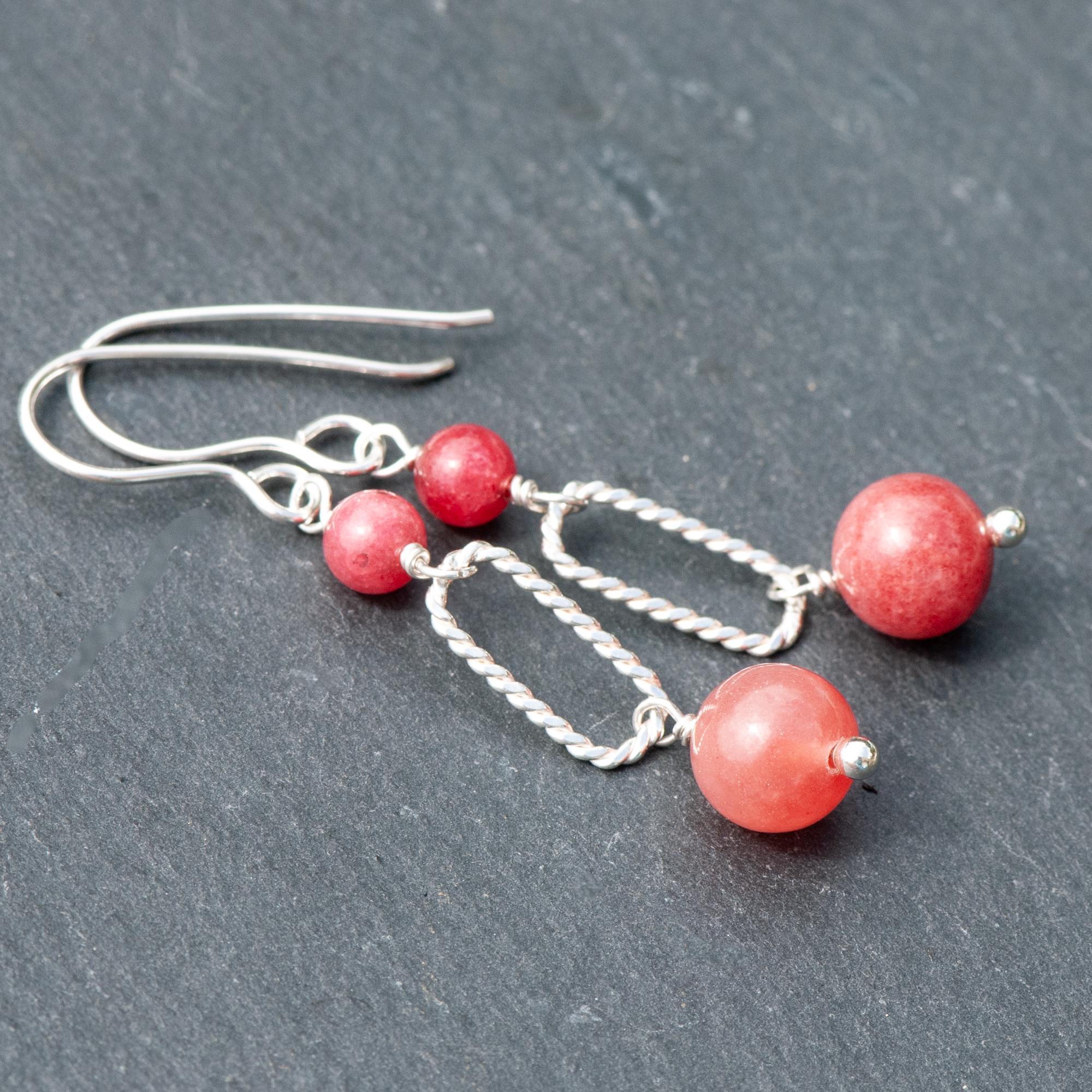 Rhodonite And Twisted Sterling Silver Hoop Earrings, Lightweight Pink Natural Stone Dangles, 925 Sterling Silver French Ear Wires