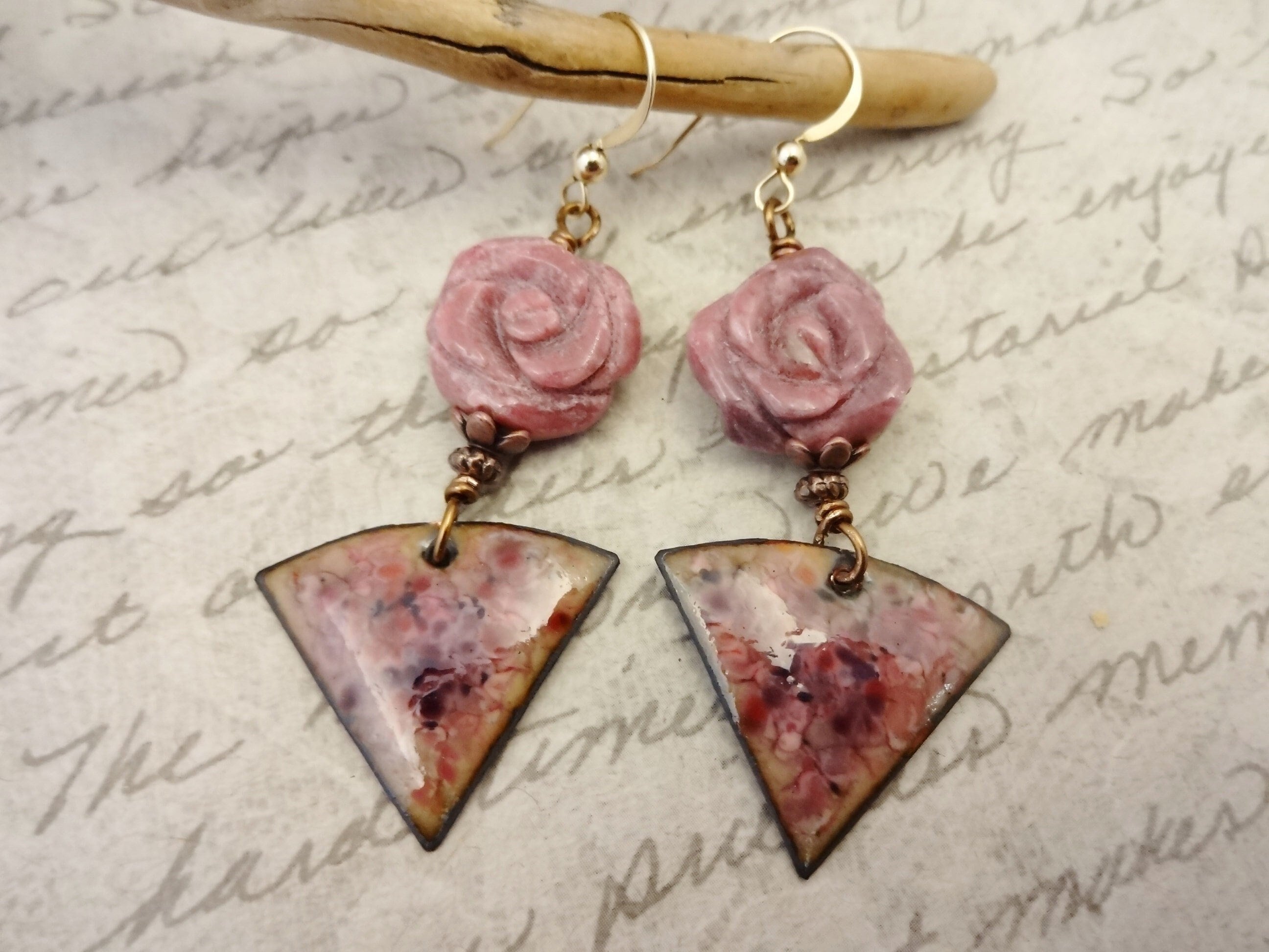 Artisan Enamel Earrings: Rhodonite Rose, French Pink Purple Charms