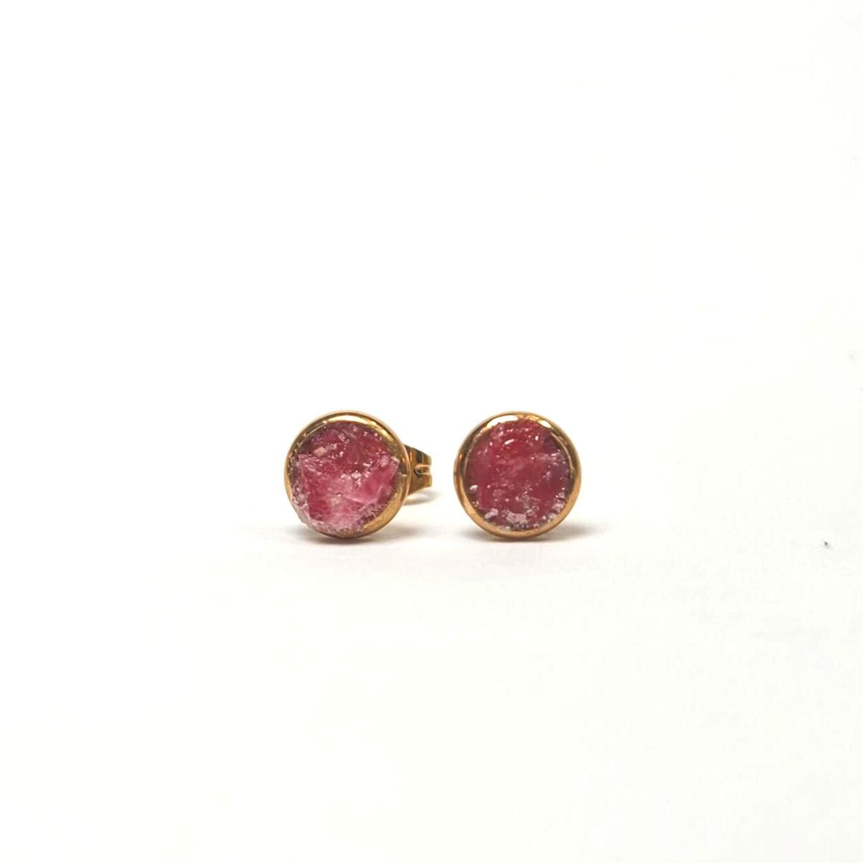 Rhodonite Crushed Stone Rose Gold Plated Stainless Steel 6mm Stud Earrings