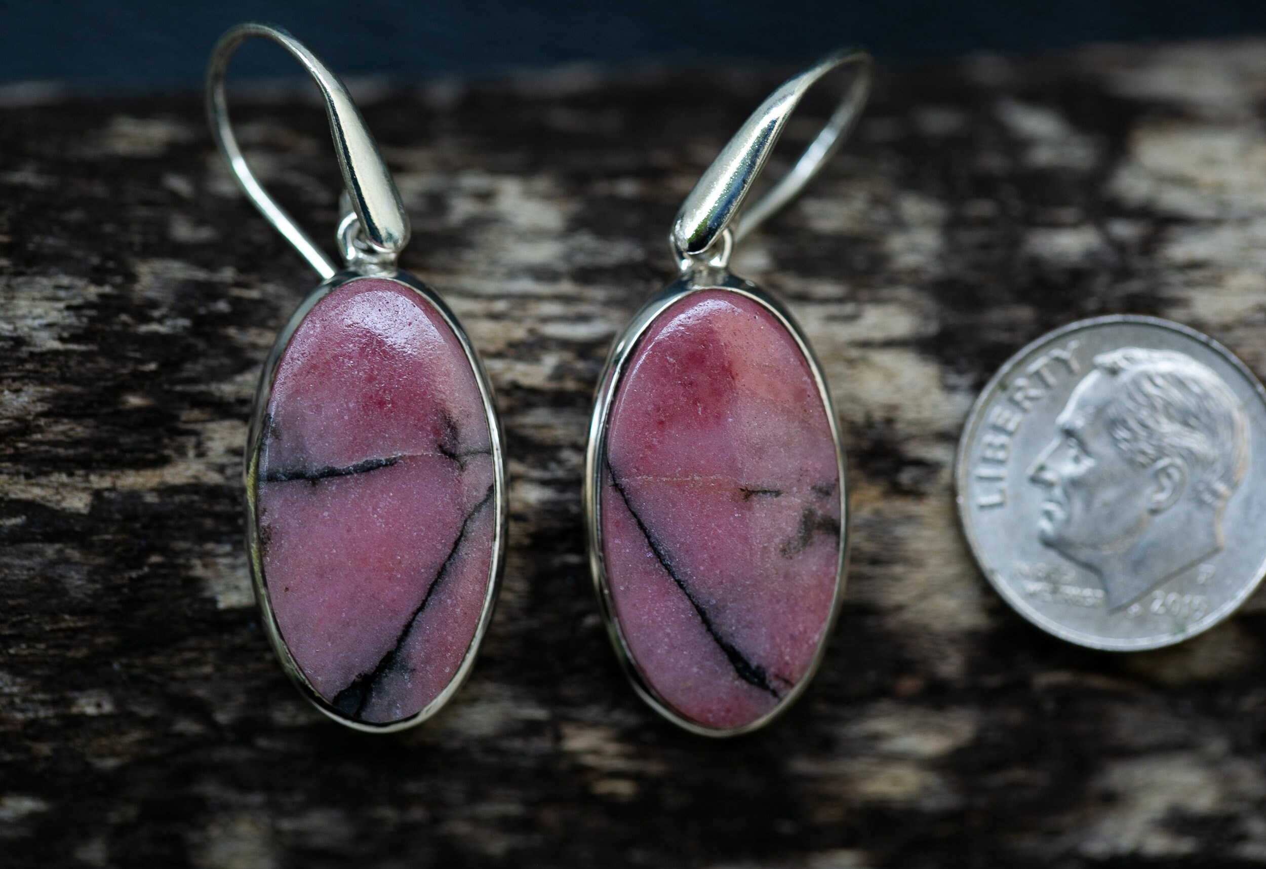 Rhodonite Dangle Earrings - 925 Sterling Silver, Natural Gemstone