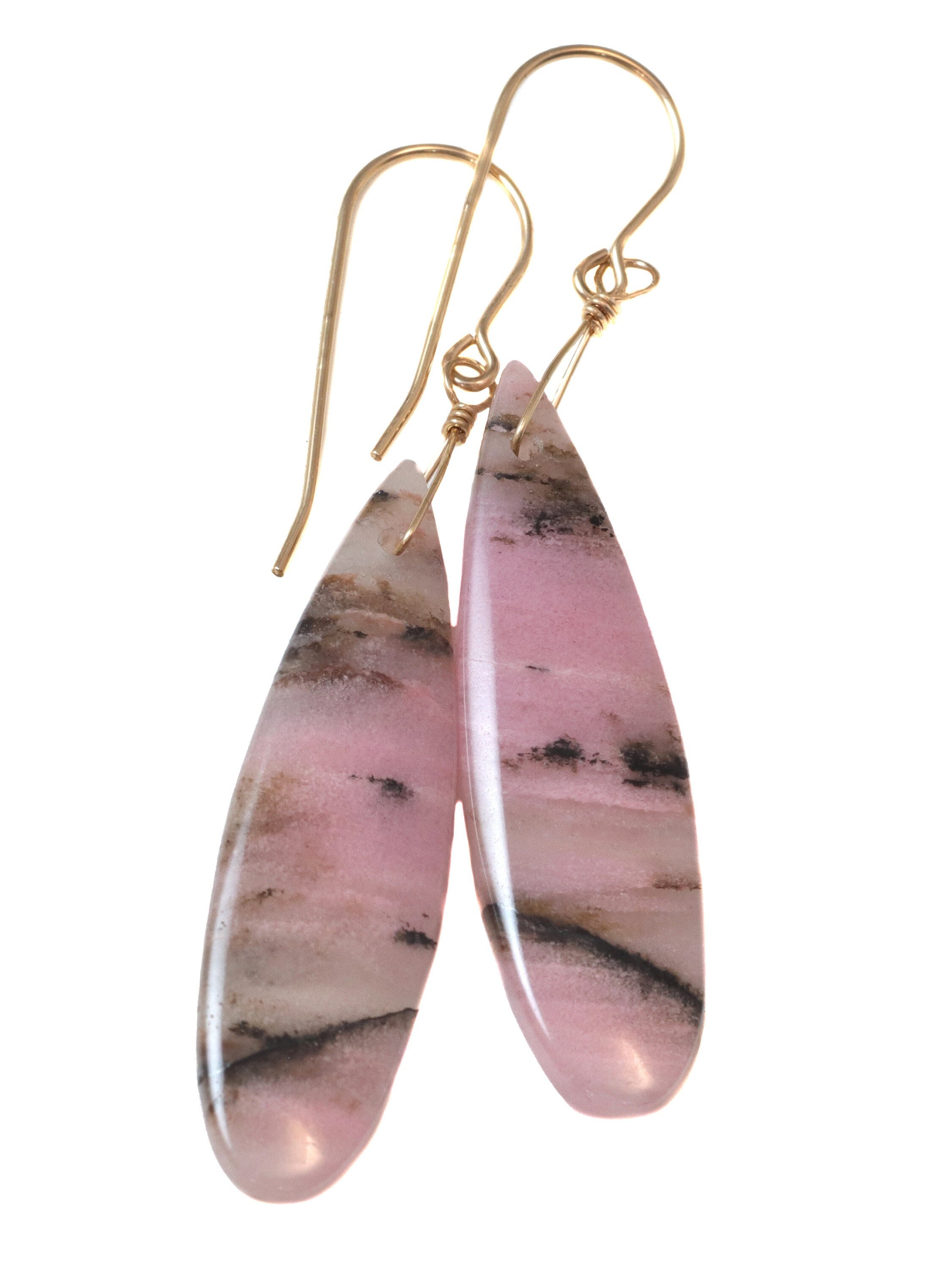 Rhodonite Earrings Earth Natural Pink Black Marbling 14k Solid Gold Or Sterling Silver Or 14k Yellow Or Rose Gold Filled 2.2 Inch Drops