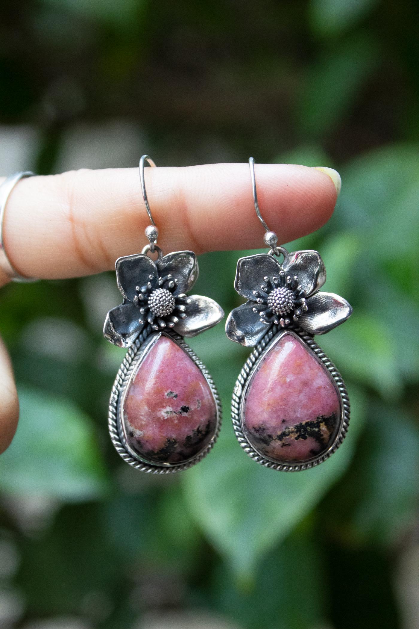 Floral Rhodonite Earrings: Sterling Silver Artisan Jewelry