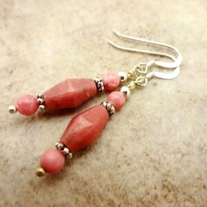 Rhodonite Gemstone Dangle Earrings: Rose Pink Jewelry, Sterling Silver Rhodonite Gemstone Dangle Earrings: Rose Pink Jewelry, Sterling Silver