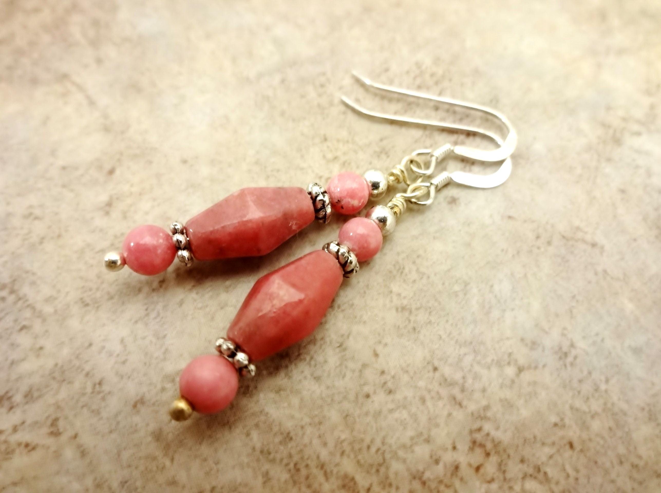 Rhodonite Gemstone Dangle Earrings: Rose Pink Jewelry, Sterling Silver