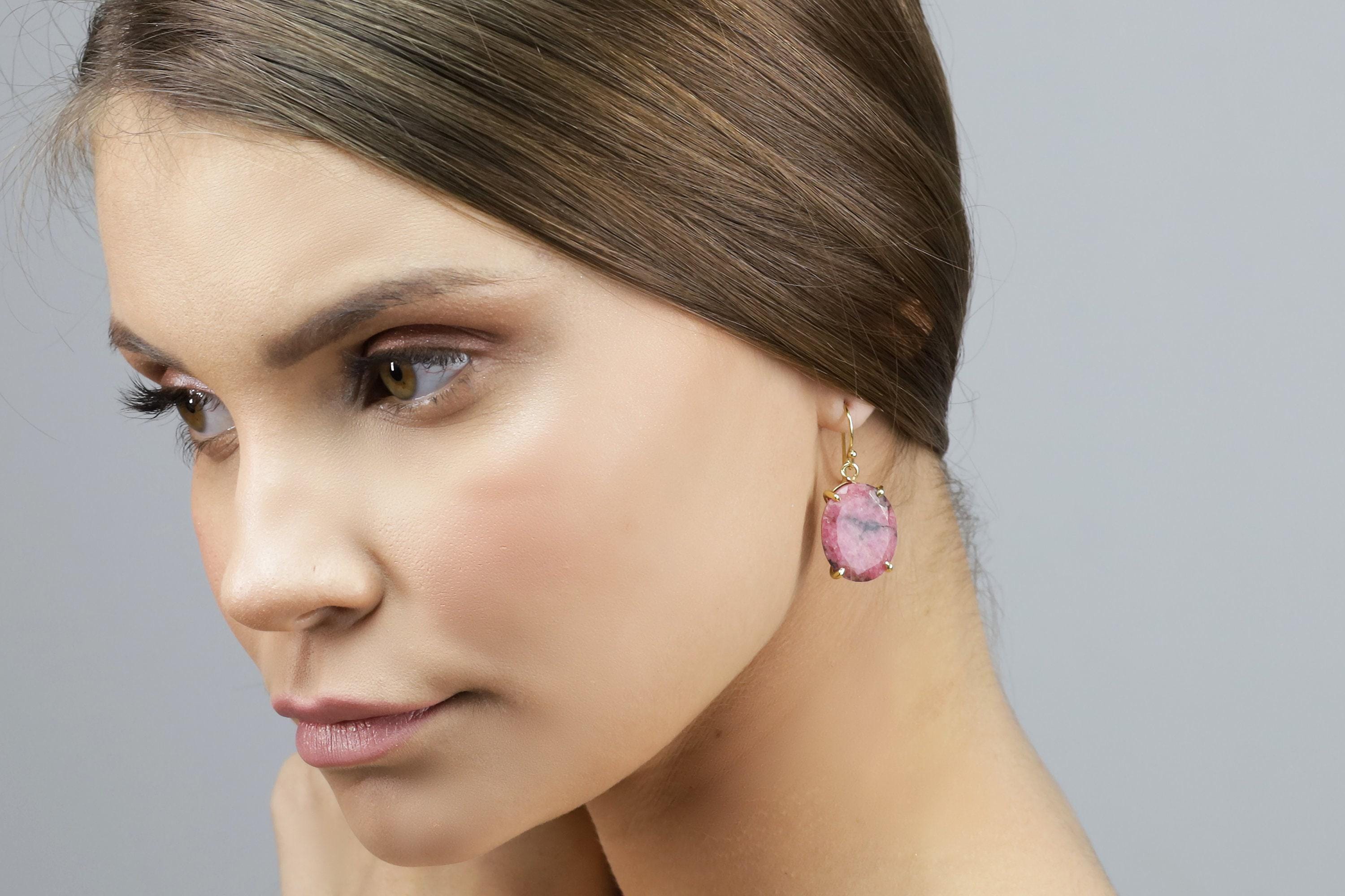 Gold Oval Rhodonite Gemstone Earrings • Handmade Statement Jewelry