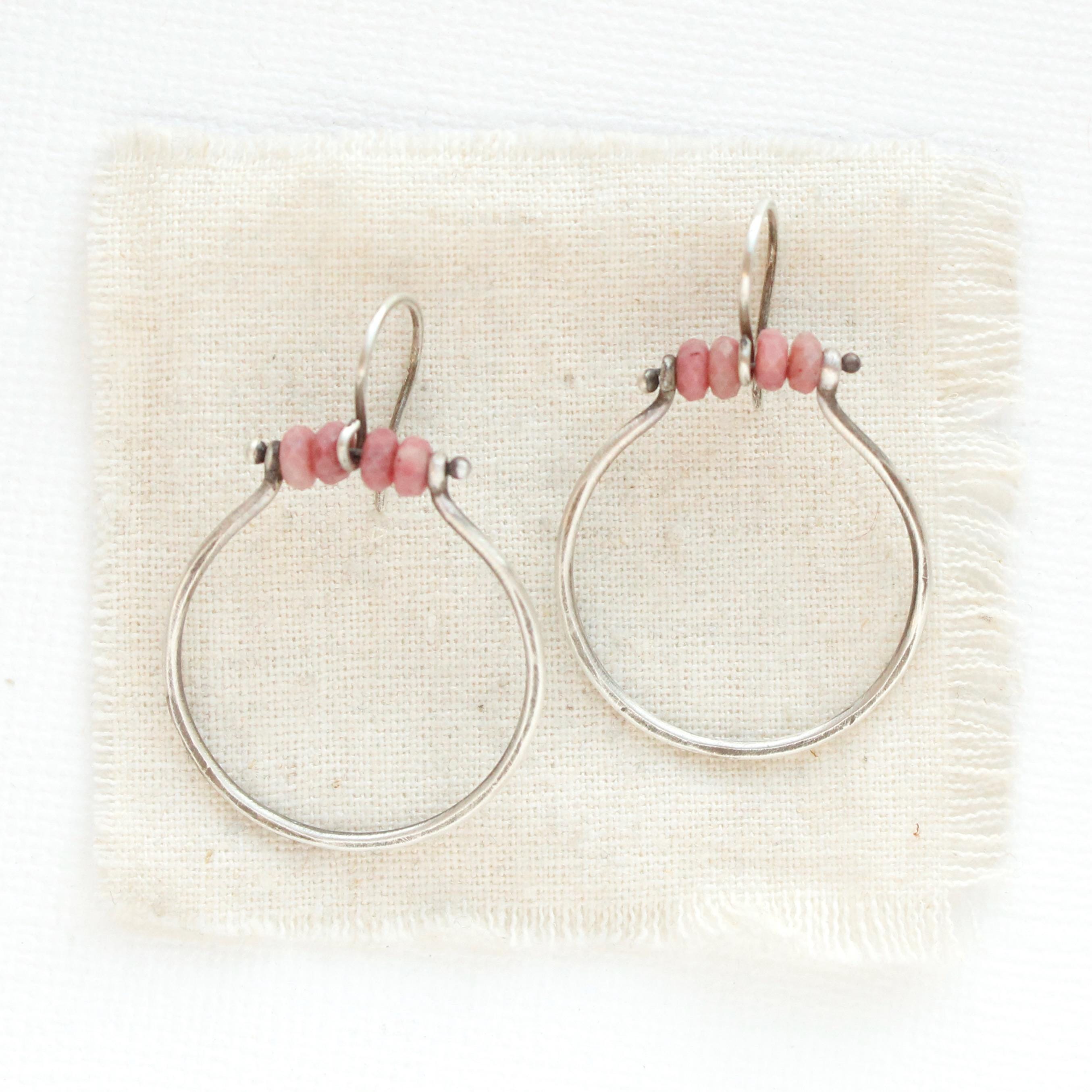 Rhodonite Halo Hoop Earrings, Hot Pink Stone Earrings, Summer Jewelry, Colorful Earrings, Southwestern Jewelry, Handmade Hoop Earrings