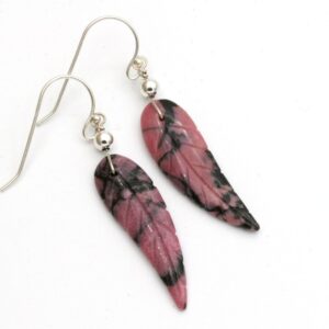 Hand Carved Rhodonite Feather Earrings: Sterling Silver Boho Jewelry Hand Carved Rhodonite Feather Earrings: Sterling Silver Boho Jewelry