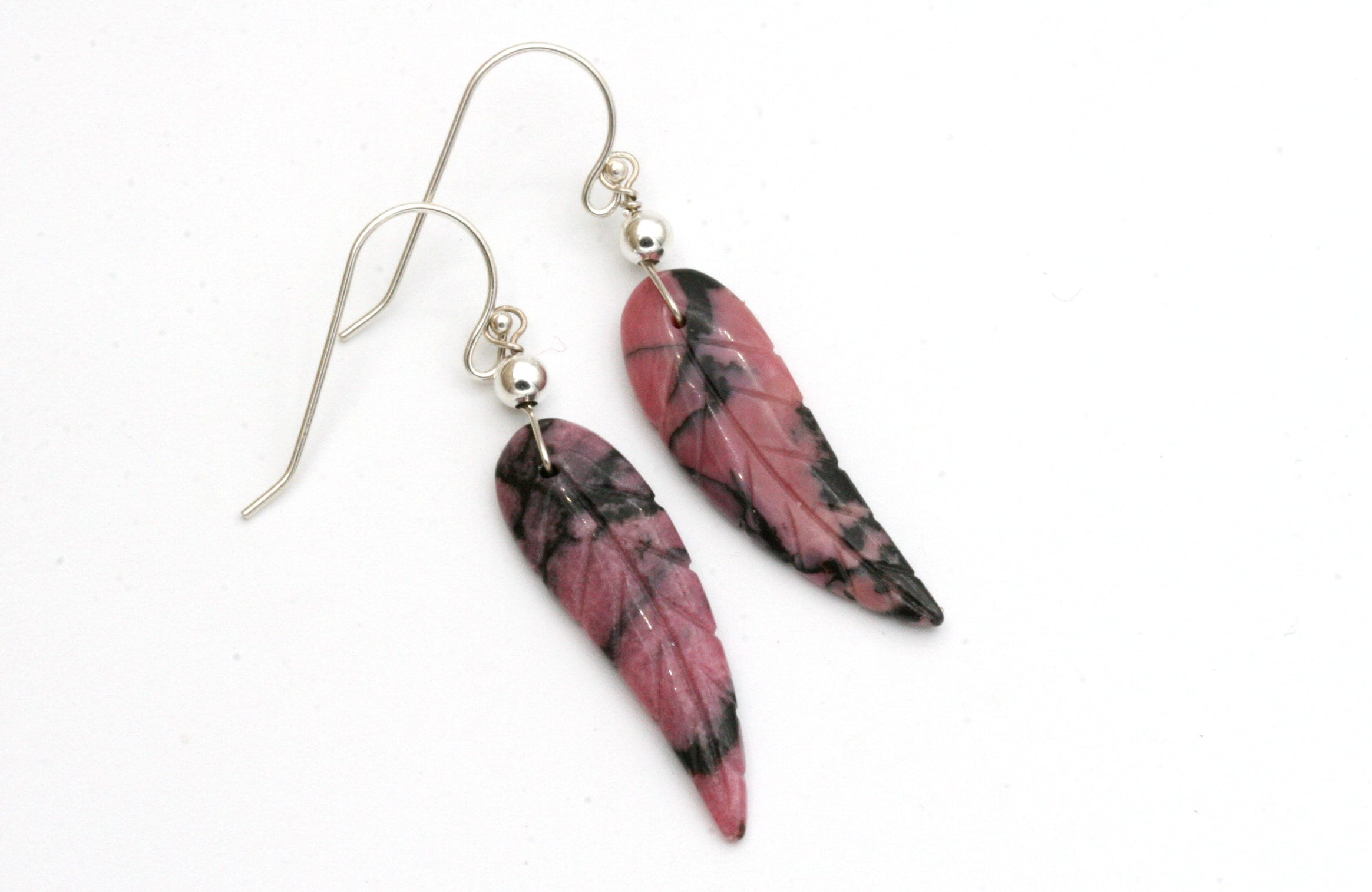 Hand Carved Rhodonite Feather Earrings: Sterling Silver Boho Jewelry