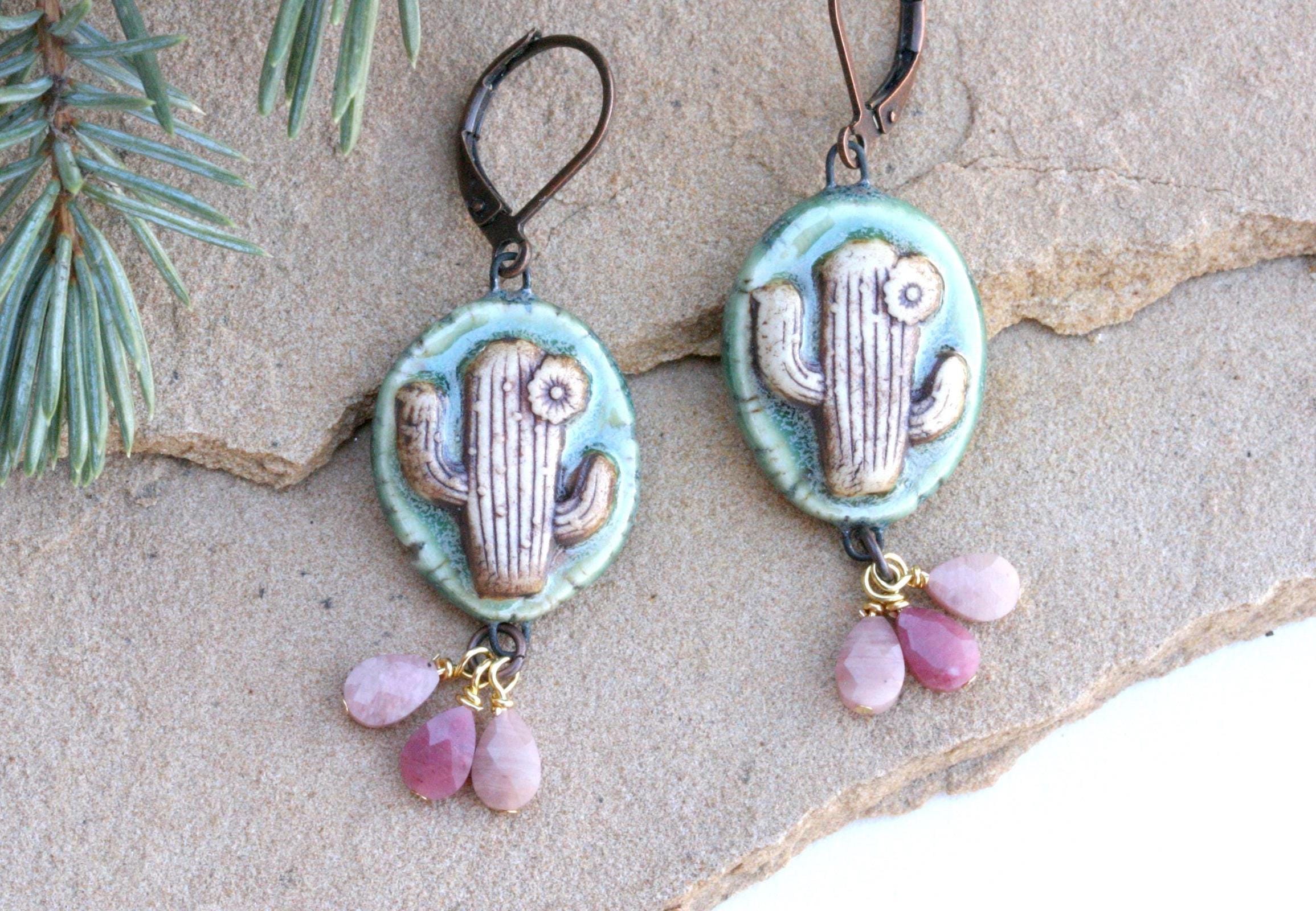 Hand Painted Saguaro Cactus Earrings – Porcelain Desert Jewelry With Rhodonite Stones