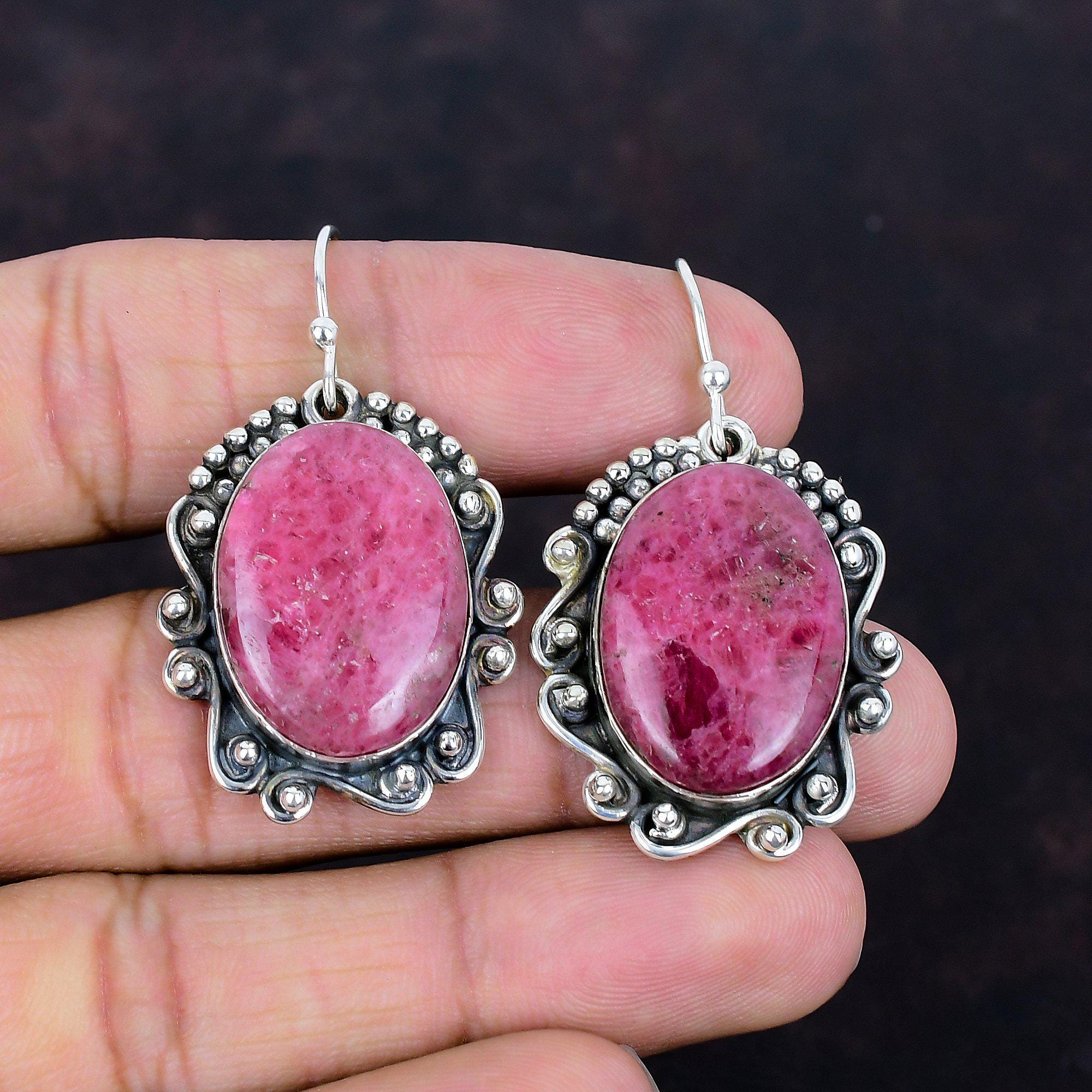 Handmade Rhodonite Earrings: 925 Sterling Silver, Oval Gemstone