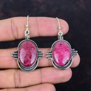 Handmade Rhodonite Earrings: 925 Sterling Silver Dangle Jewelry Handmade Rhodonite Earrings: 925 Sterling Silver Dangle Jewelry