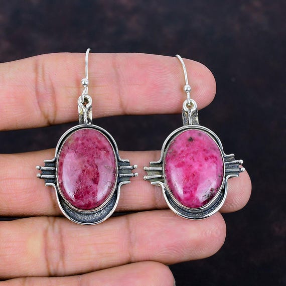 Handmade Rhodonite Earrings: 925 Sterling Silver Dangle Jewelry