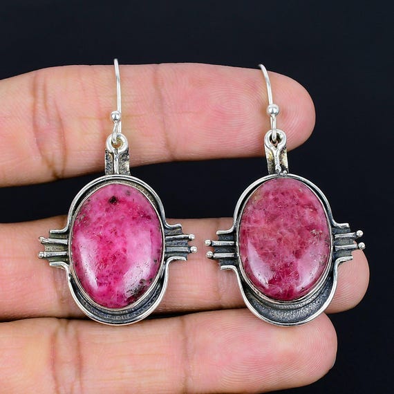 Handmade Rhodonite Earrings: 925 Sterling Silver Dangle Jewelry