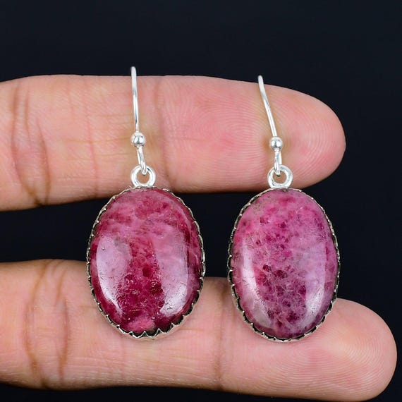 Handmade Rhodonite Earrings: 925 Sterling Silver Drop Jewelry