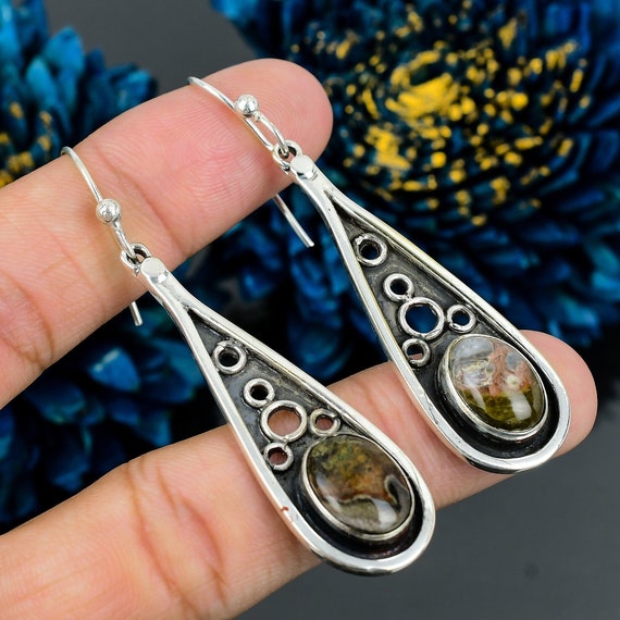 Handmade Rhodonite Earrings: 925 Sterling Silver, Antique Style