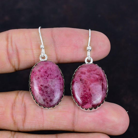 Handmade Rhodonite Drop Earrings: 925 Sterling Silver Birthstone Jewelry