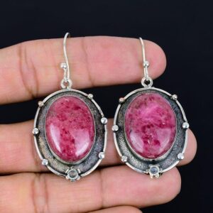 Handmade Rhodonite Drop Earrings: 925 Sterling Silver Antique Jewelry Handmade Rhodonite Drop Earrings: 925 Sterling Silver Antique Jewelry