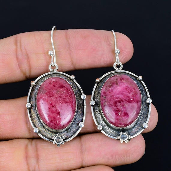 Handmade Rhodonite Drop Earrings: 925 Sterling Silver Antique Jewelry