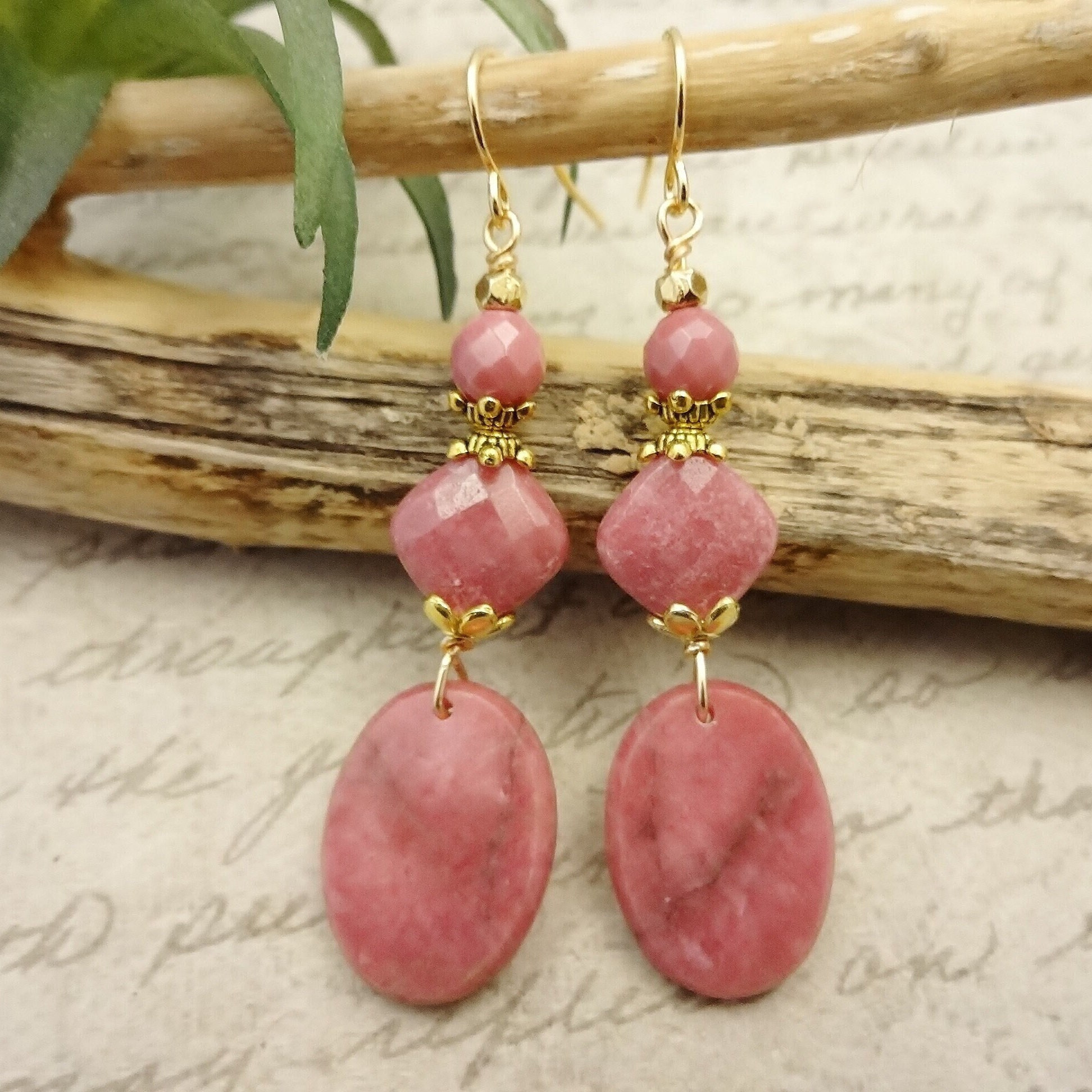 Handmade Rhodonite Gemstone Earrings: Artisan Gold-plated Dangles