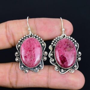 Handmade Rhodonite Earrings: Oval Gemstone, 925 Sterling Silver