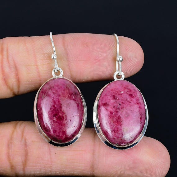 Handmade Rhodonite Earrings: Oval Gemstone, 925 Sterling Silver, Boho Jewelry