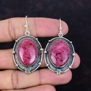 Handmade Rhodonite Earrings: Oval Gemstone, 925 Sterling Silver