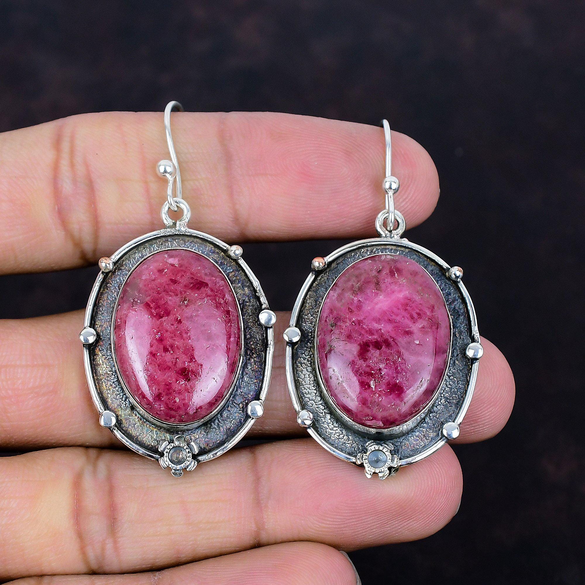 Handmade Rhodonite Earrings: Oval Gemstone, 925 Sterling Silver