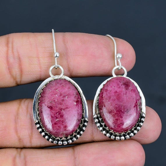 Handmade Rhodonite Earrings: Oval Gemstone, 925 Sterling Silver