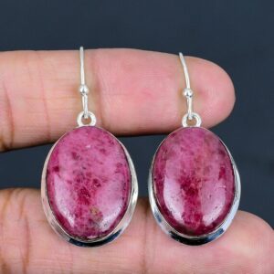 Handmade Rhodonite Earrings: Oval Sterling Silver Dangle Jewelry Handmade Rhodonite Earrings: Oval Sterling Silver Dangle Jewelry