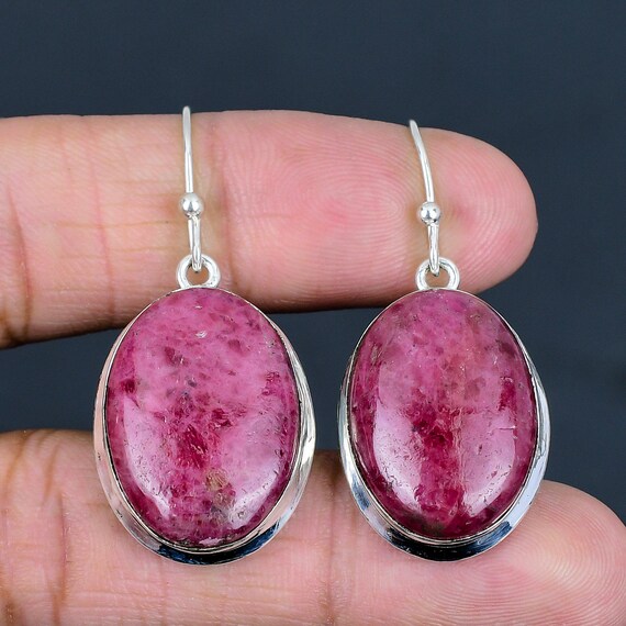 Handmade Rhodonite Earrings: Oval Sterling Silver Dangle Jewelry