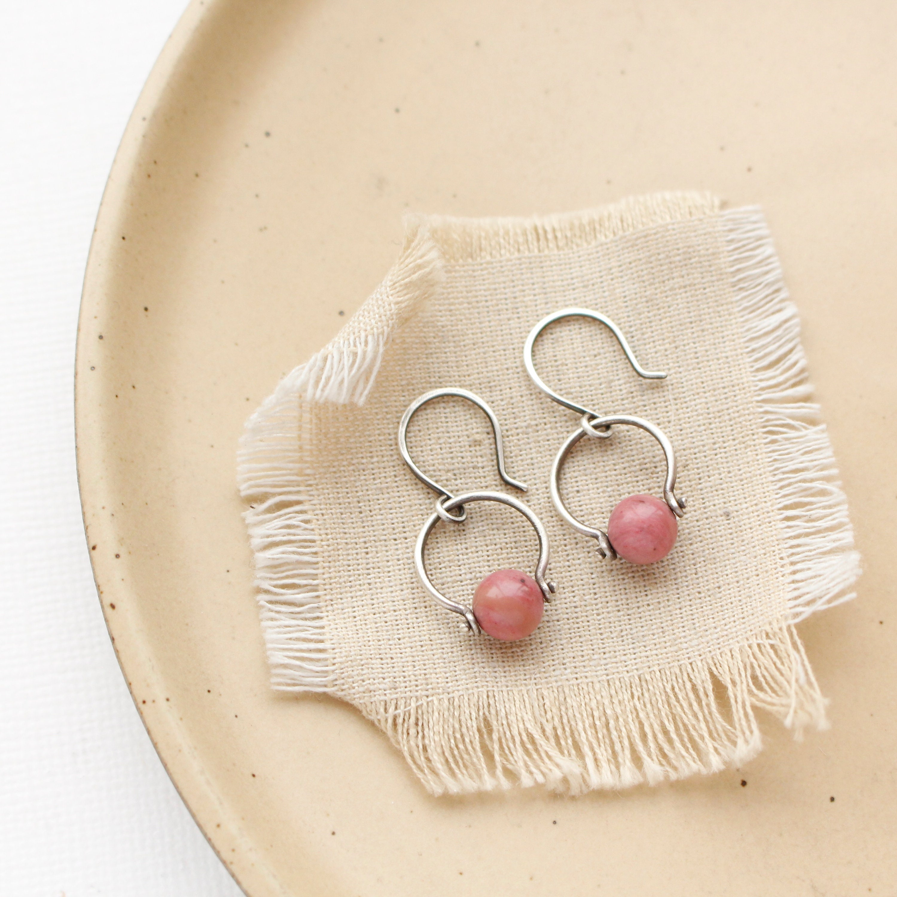 Rhodonite La Cloche Earrings, Dainty Feminine Earrings, Pink Gemstone Earrings, Rustic Small Earrings, Lightweight Earrings, Gifts For Her
