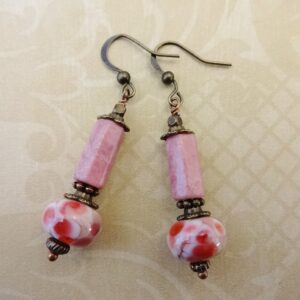 Rhodonite Lampwork Earrings: Rose Pink Gemstone Dangle Rhodonite Lampwork Earrings: Rose Pink Gemstone Dangle