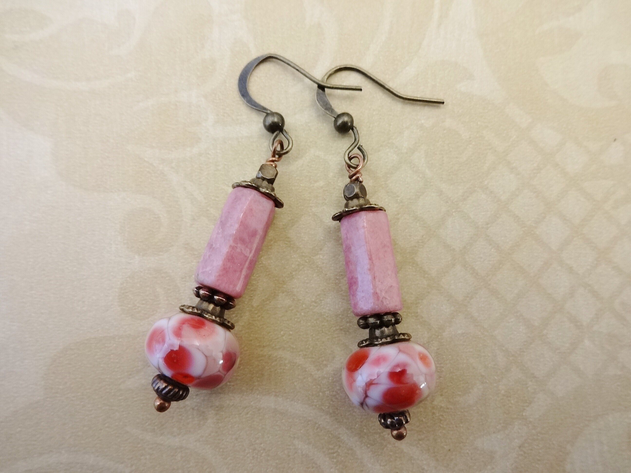 Rhodonite Lampwork Earrings: Rose Pink Gemstone Dangle